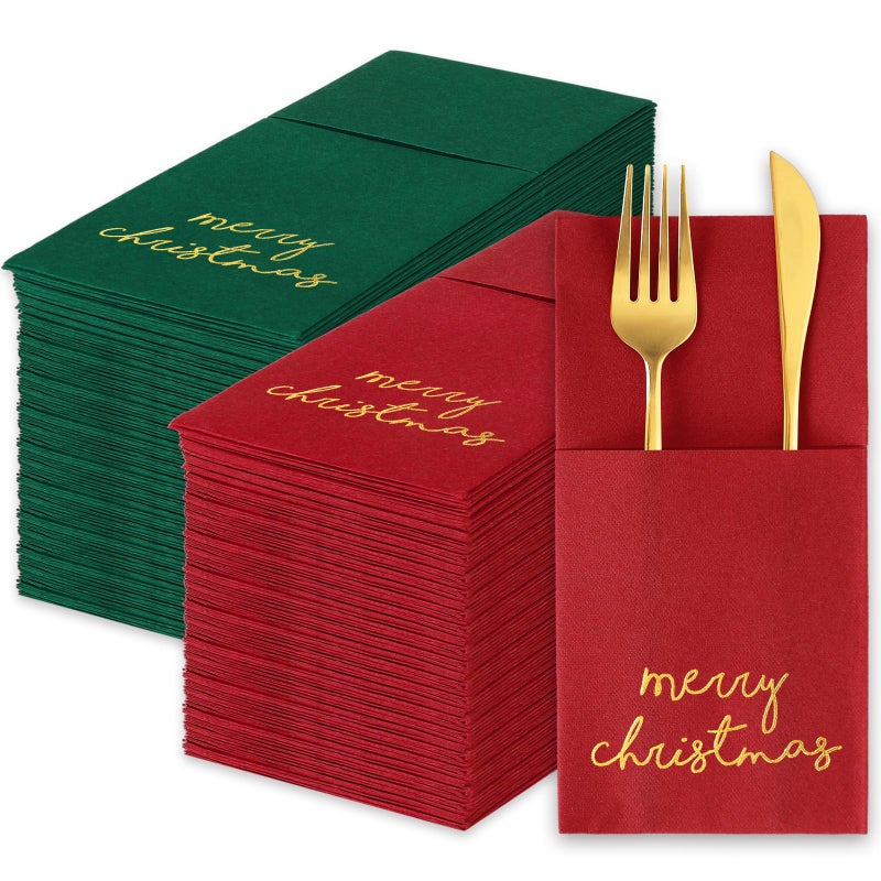 JarThenaAMCS 50Pcs Merry Christmas Linen Feel Napkin Gold Foil Disposable Airlaid Paper Napkin Red Green Prefolded Dinner Napkin with Builtin Flatware Pocket for Xmas Winter Party Supplies